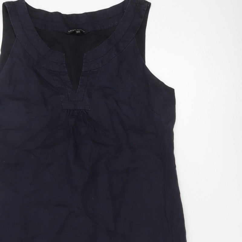 Laura Ashley Women Blue UK 18 Sleeveless Shift Knee Dress V-Neck