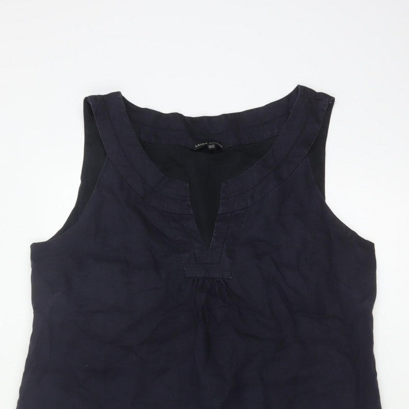 Laura Ashley Women Blue UK 18 Sleeveless Shift Knee Dress V-Neck