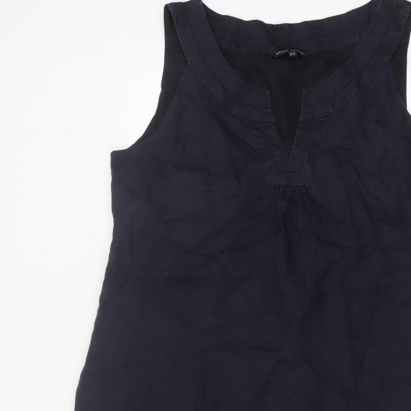 Laura Ashley Women Blue UK 18 Sleeveless Shift Knee Dress V-Neck