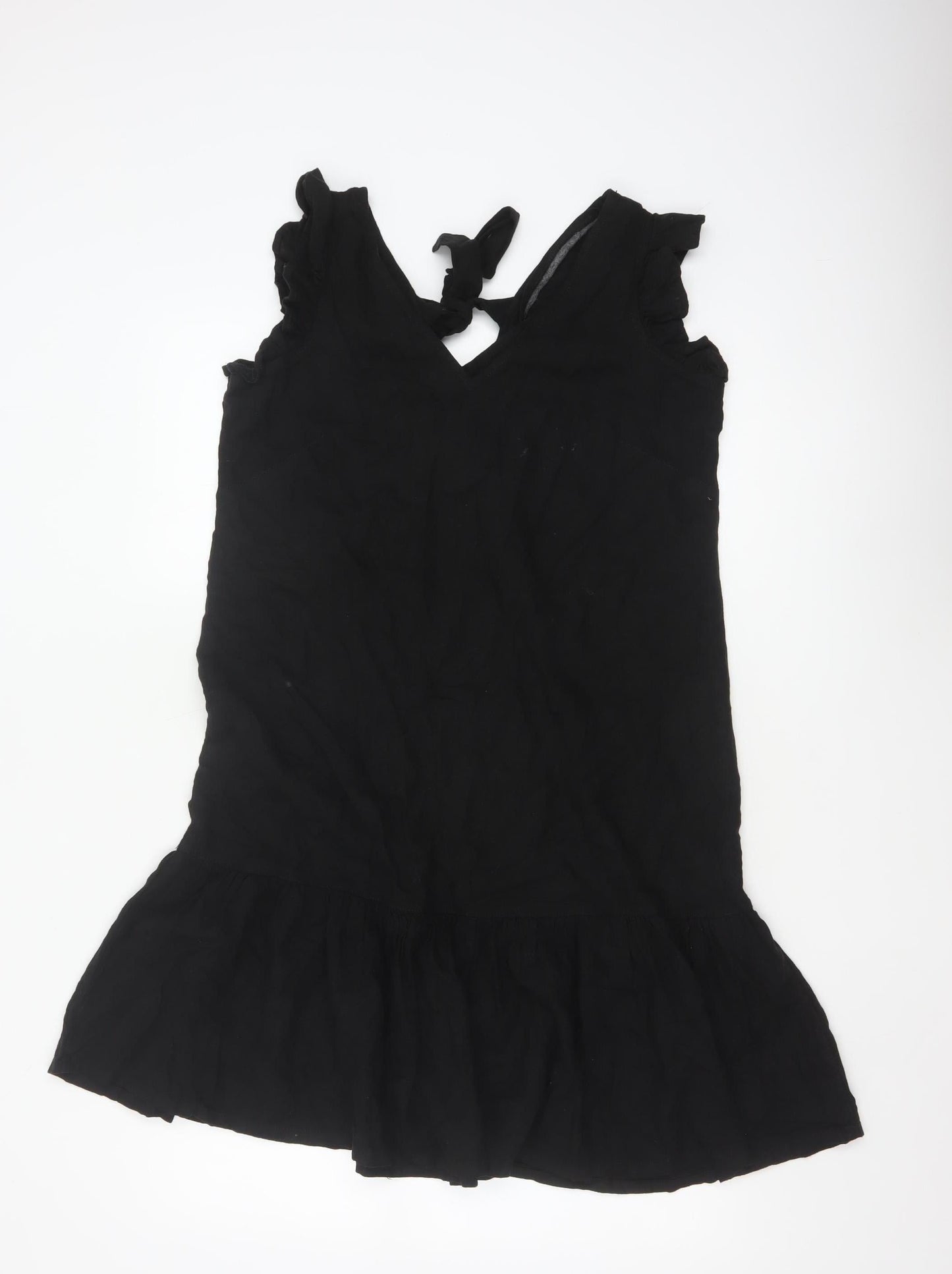 Next Women Black UK 12 Fit & Flare Ruffle Strap Linen Dress