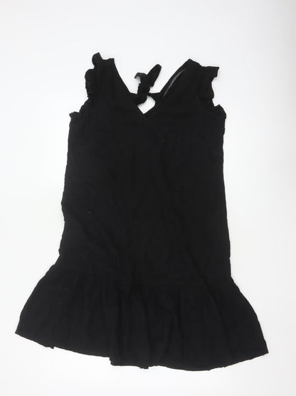 Next Women Black UK 12 Fit & Flare Ruffle Strap Linen Dress