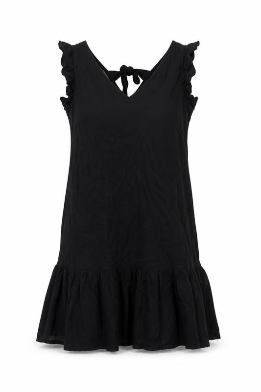 Next Women Black UK 12 Fit & Flare Ruffle Strap Linen Dress