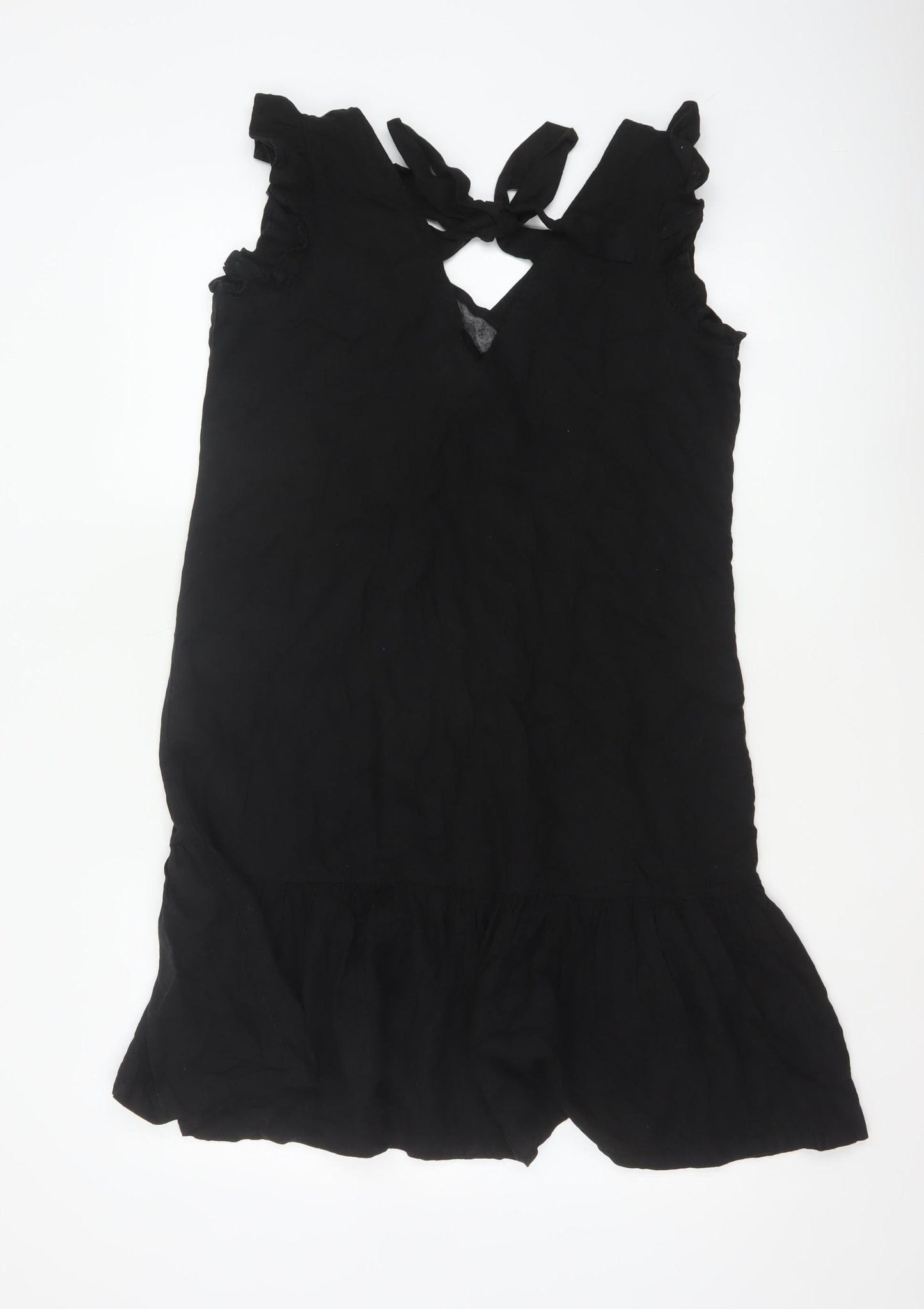 Next Women Black UK 12 Fit & Flare Ruffle Strap Linen Dress