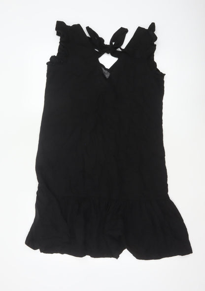 Next Women Black UK 12 Fit & Flare Ruffle Strap Linen Dress