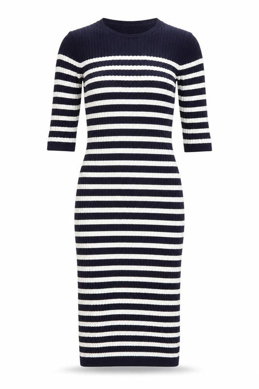 Next Women Blue White Striped UK 8 Knit Jumper Dress 3/4 Sleeve