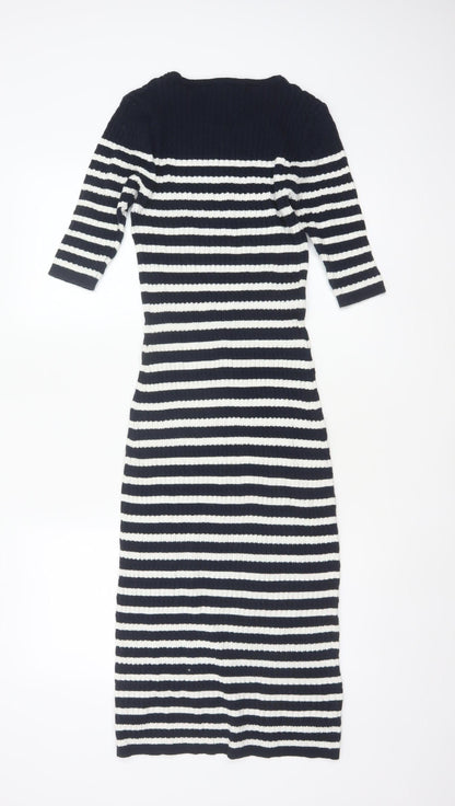 Next Women Blue White Striped UK 8 Knit Jumper Dress 3/4 Sleeve