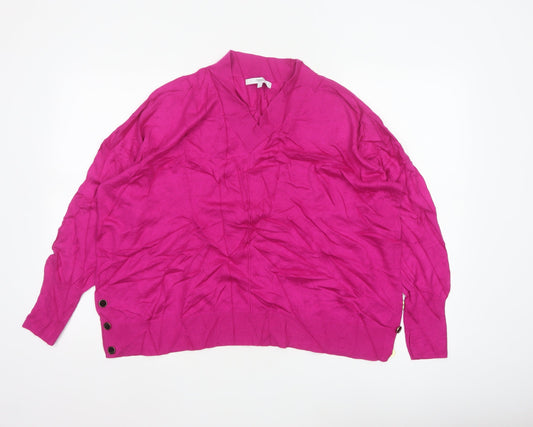 Next Women Pink L V-Neck Fine Knit Button Detail Jumper