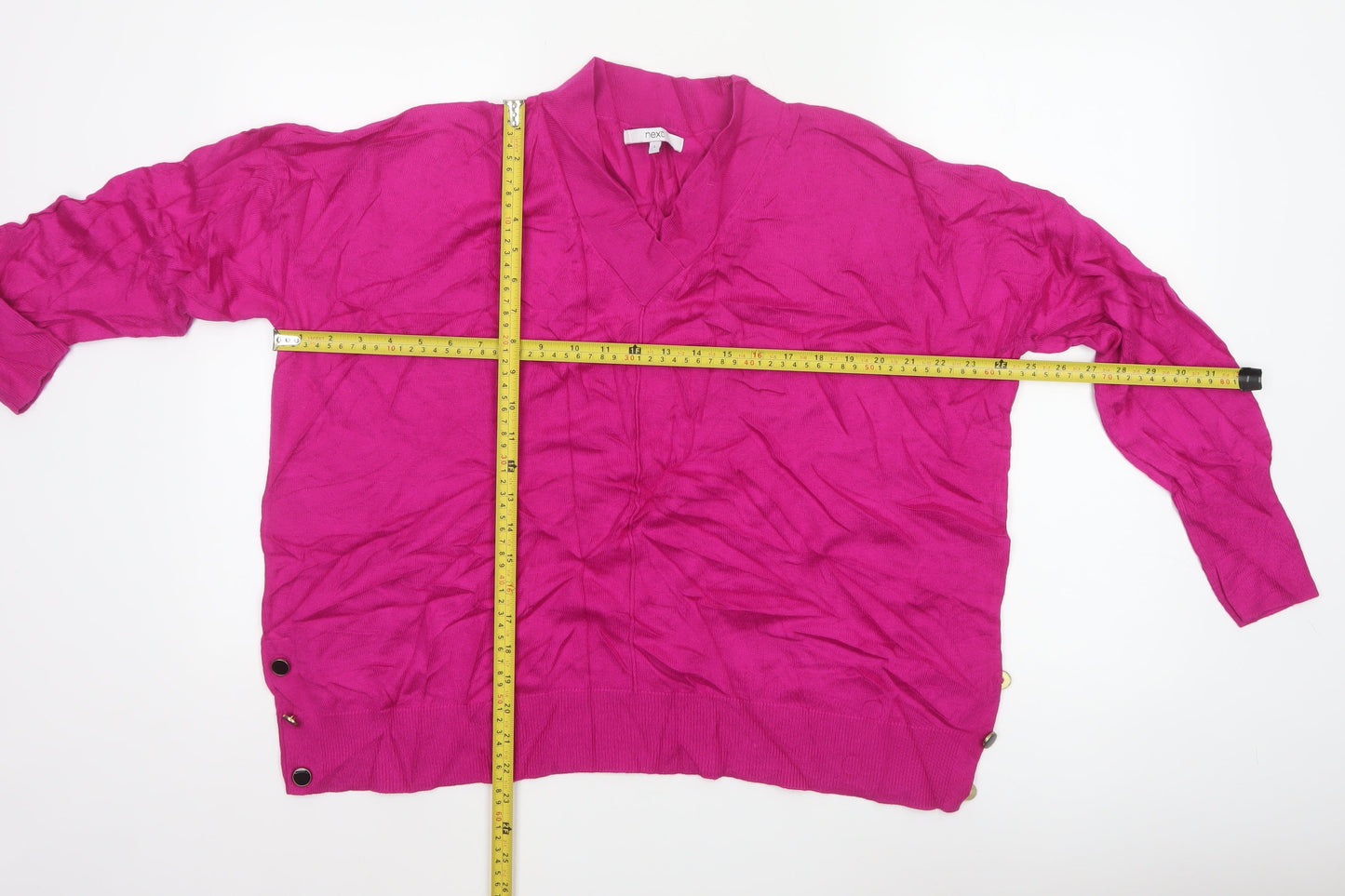 Next Women Pink L V-Neck Fine Knit Button Detail Jumper