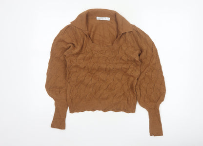 Warehouse Women Brown S Collared Puff Sleeve Open-Knit Jumper