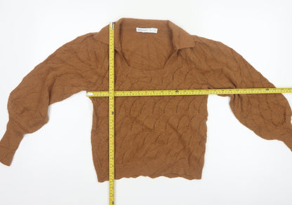 Warehouse Women Brown S Collared Puff Sleeve Open-Knit Jumper