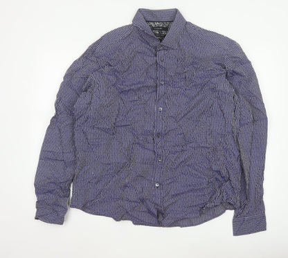 Autograph Men Blue Striped Floral Cotton Shirt 2XL Long Sleeve