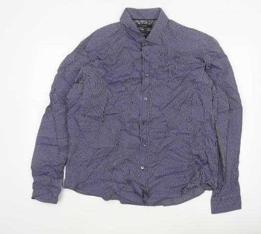 Autograph Men Blue Striped Floral Cotton Shirt 2XL Long Sleeve