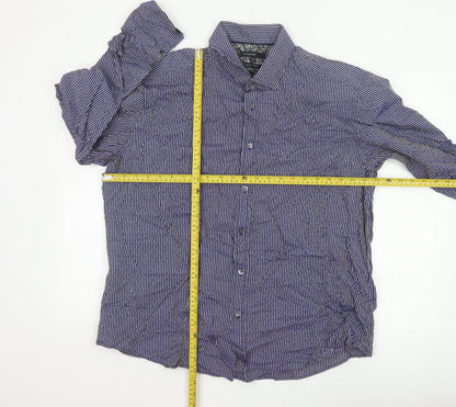 Autograph Men Blue Striped Floral Cotton Shirt 2XL Long Sleeve