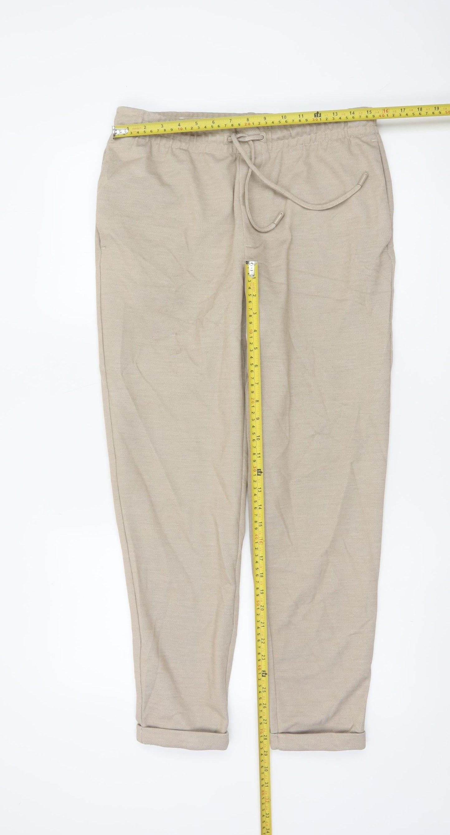 Zara Women Beige Size 12 Tapered Drawstring Trousers
