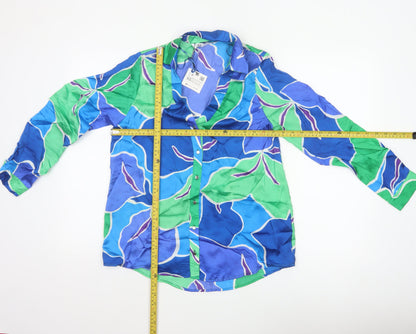 Zara Women Blue Green XS Cupro Geometric Button-Up Shirt Long Sleeve
