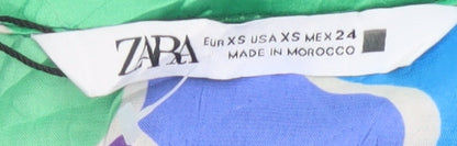 Zara Women Blue Green XS Cupro Geometric Button-Up Shirt Long Sleeve
