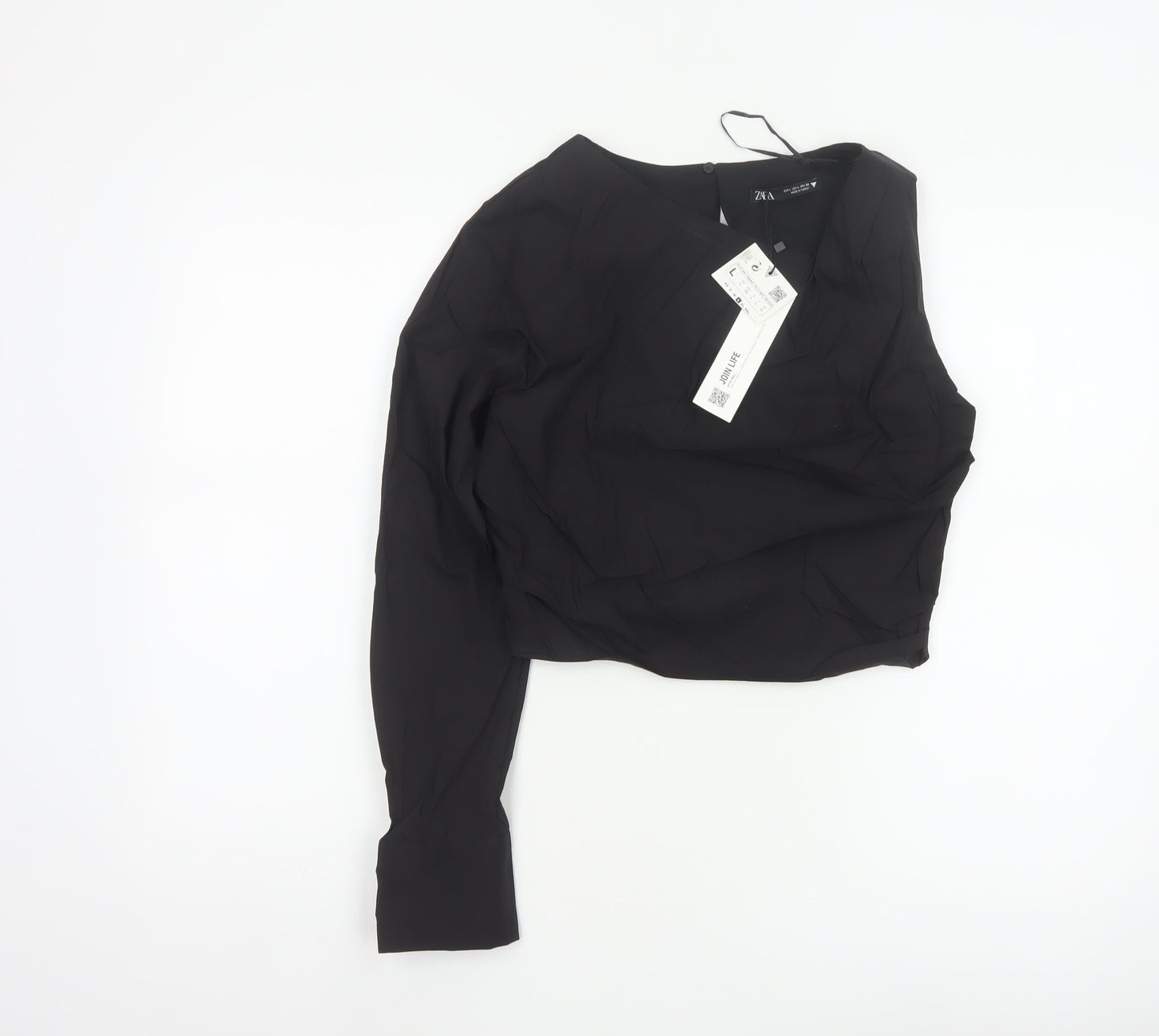 Zara Women Black L Wrap V-Neck Long Sleeve Lined Blouse