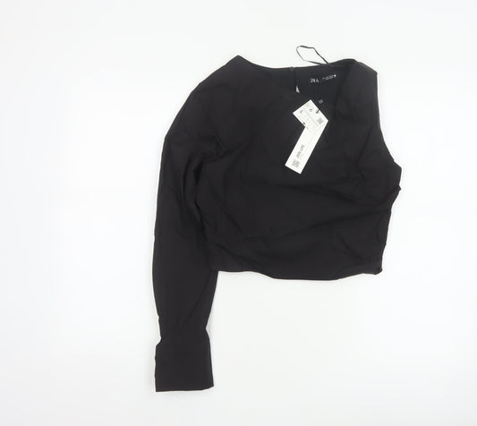 Zara Women Black L Wrap V-Neck Long Sleeve Lined Blouse