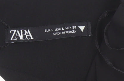 Zara Women Black L Wrap V-Neck Long Sleeve Lined Blouse