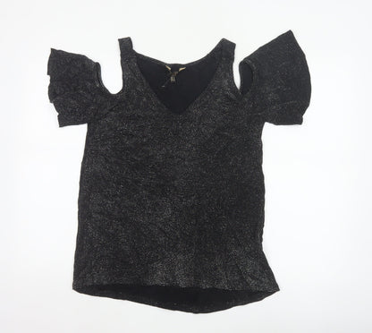 Lipsy London Women’s Black Glitter Cold Shoulder V-Neck Basic Top UK 8