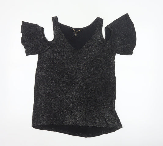 Lipsy London Women’s Black Glitter Cold Shoulder V-Neck Basic Top UK 8