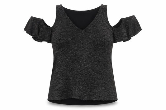 Lipsy London Women’s Black Glitter Cold Shoulder V-Neck Basic Top UK 8