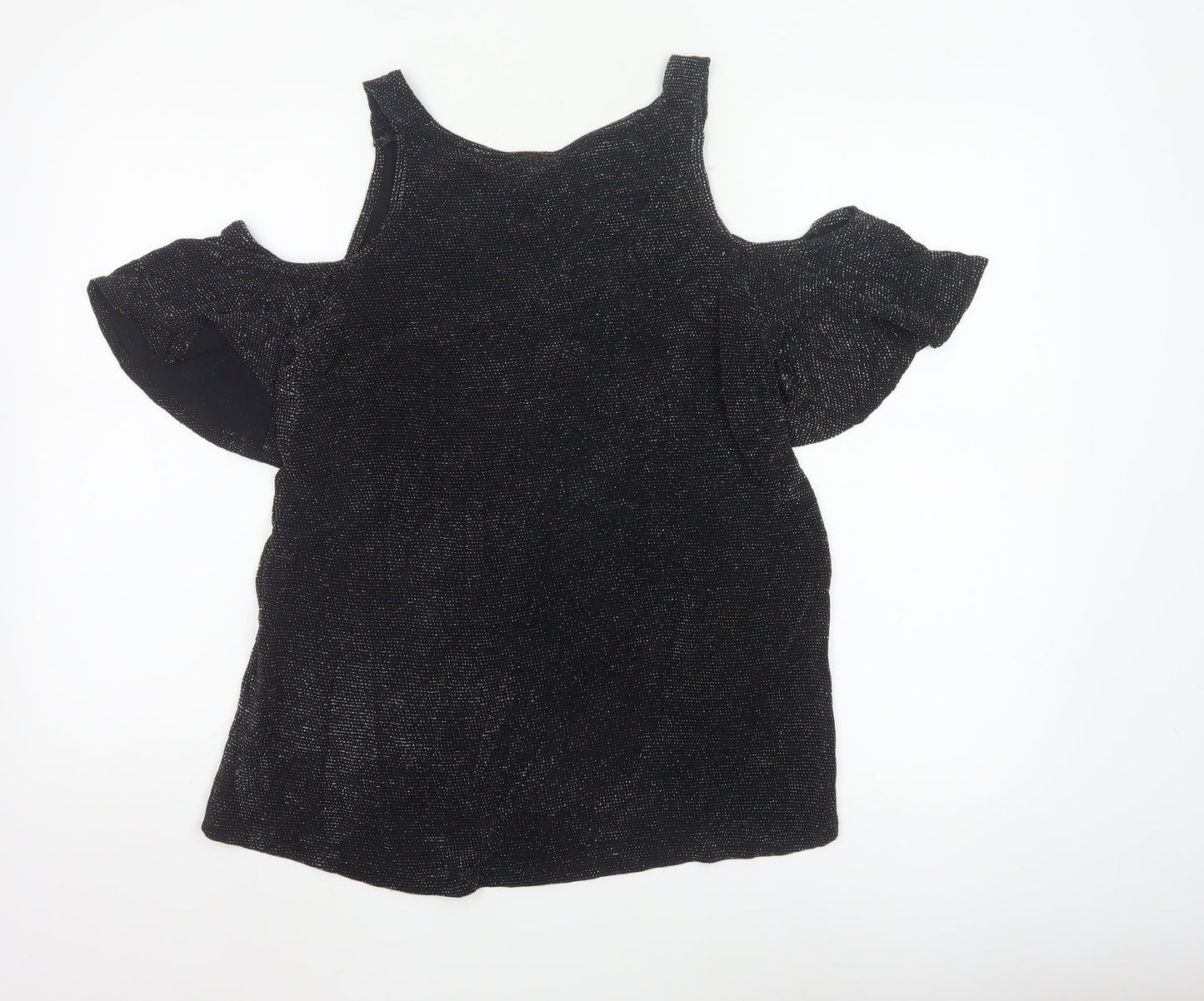 Lipsy London Women’s Black Glitter Cold Shoulder V-Neck Basic Top UK 8