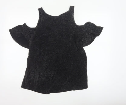 Lipsy London Women’s Black Glitter Cold Shoulder V-Neck Basic Top UK 8