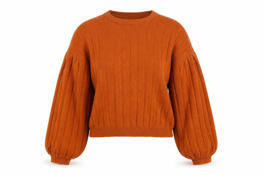 Topshop Women Orange UK 10 Ribbed Puff Sleeve Crew Neck Jumper