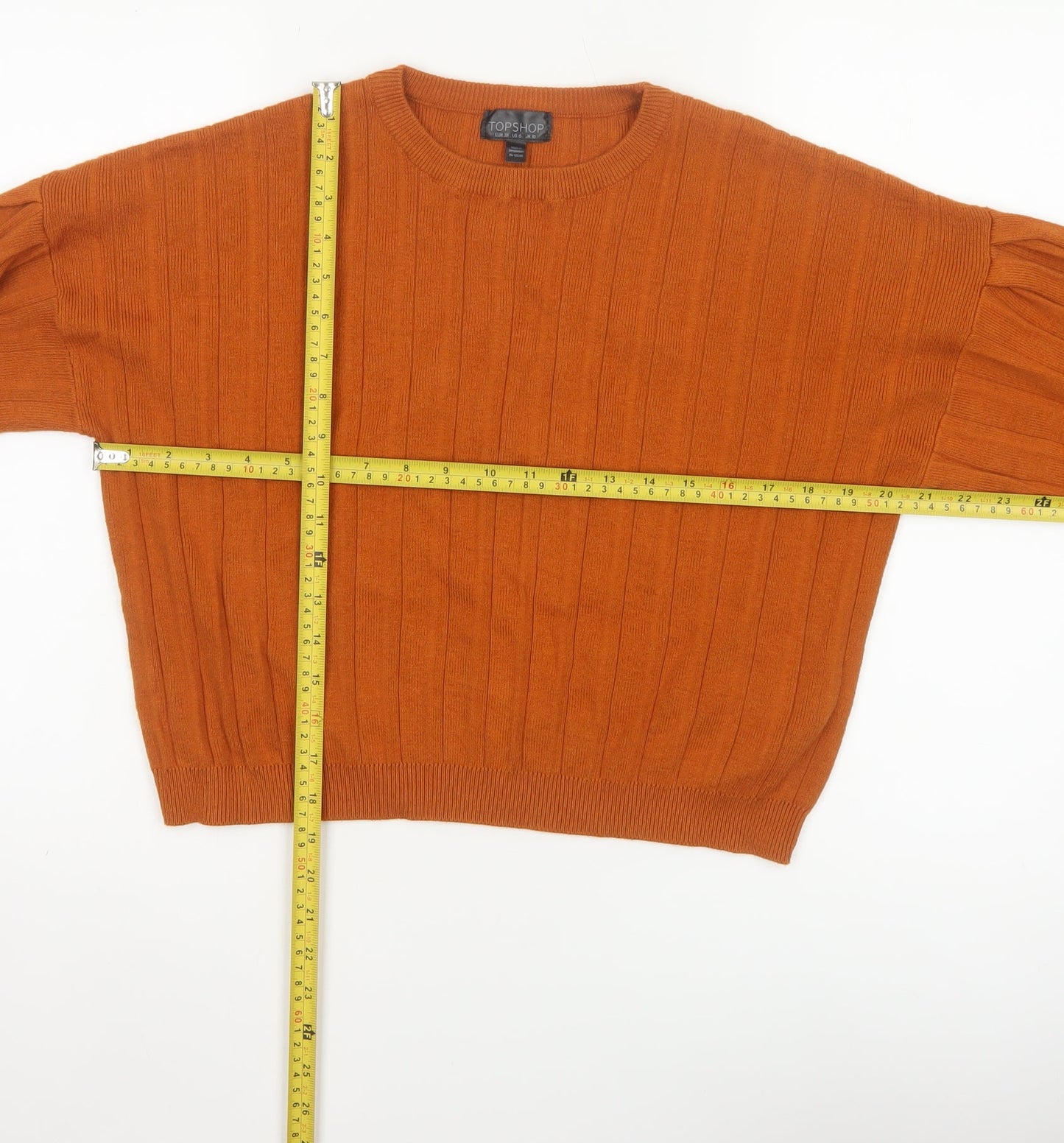Topshop Women Orange UK 10 Ribbed Puff Sleeve Crew Neck Jumper
