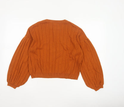 Topshop Women Orange UK 10 Ribbed Puff Sleeve Crew Neck Jumper