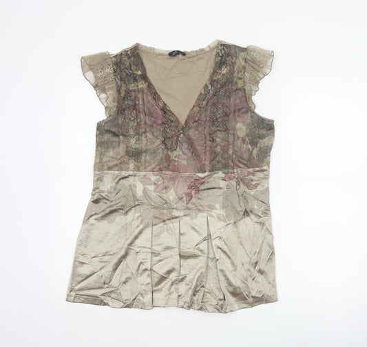 M&S Per Una Women Beige Floral Mesh Wrap Blouse Size 16