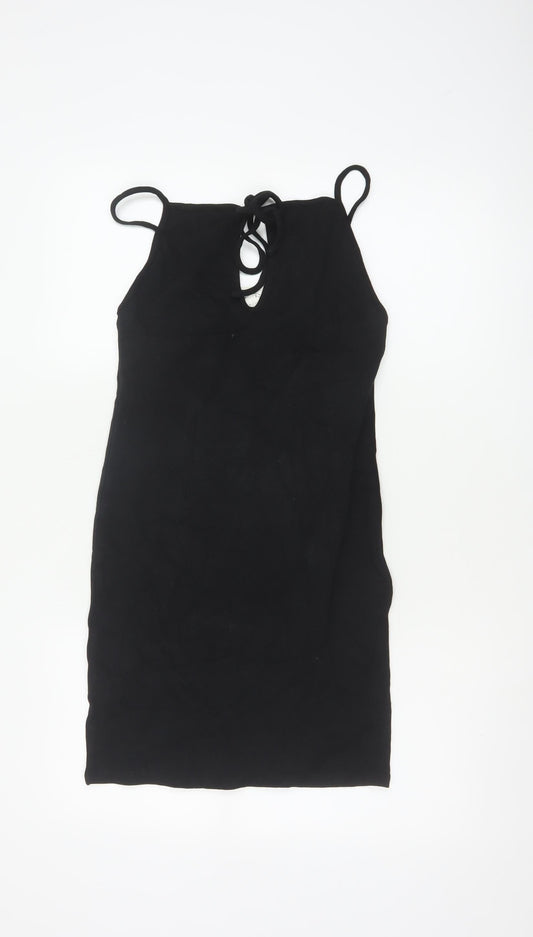 Zara Women Black L Bodycon Halter Knit Backless Knee Dress