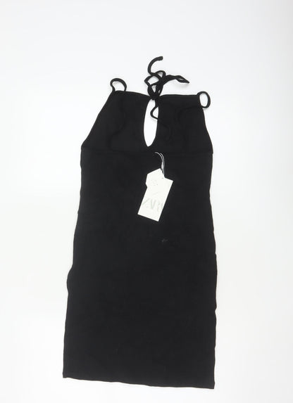 Zara Women Black L Bodycon Halter Knit Backless Knee Dress