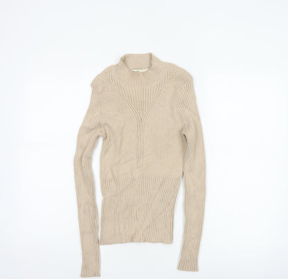 Oasis Women Beige M Ribbed Mock Neck Slim Knit Pullover Jumper
