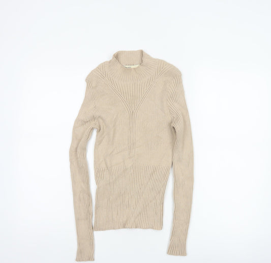 Oasis Women Beige M Ribbed Mock Neck Slim Knit Pullover Jumper