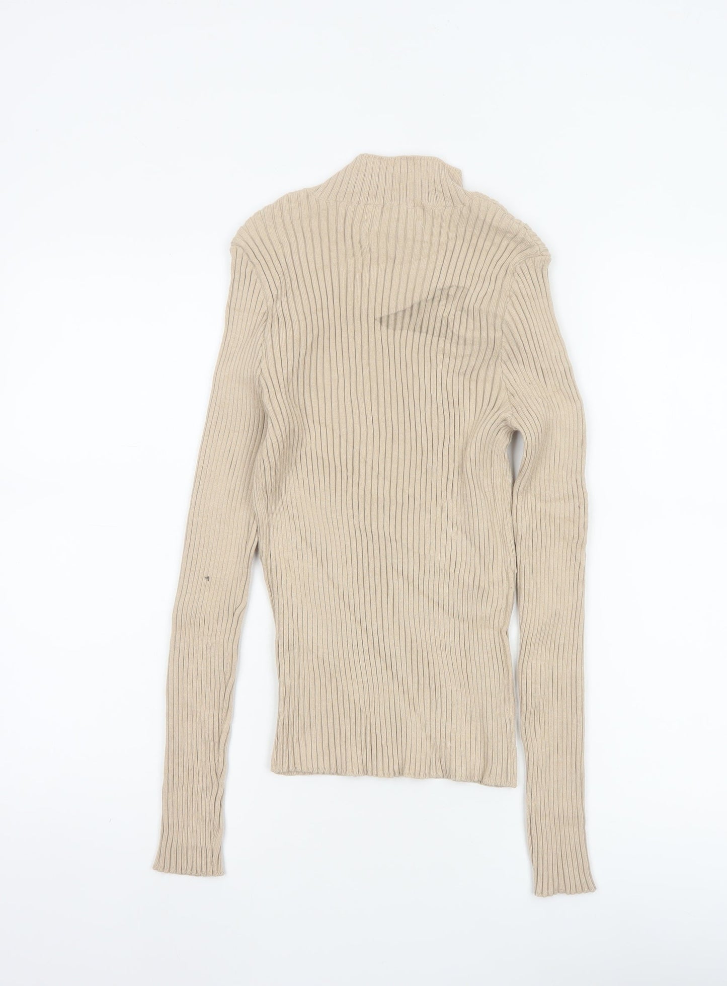 Oasis Women Beige M Ribbed Mock Neck Slim Knit Pullover Jumper