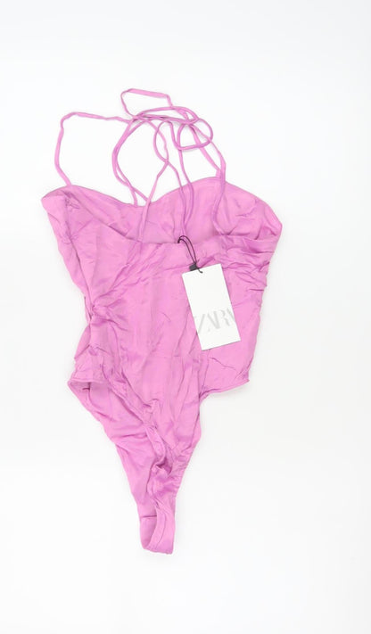 Zara Women Pink S Strappy Ruched Stretch Bodysuit Party Clubwear