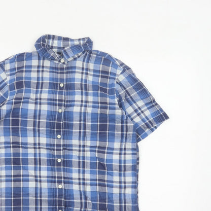 Lands' End Women Blue Plaid Short Sleeve Button-Up Shirt M Regular