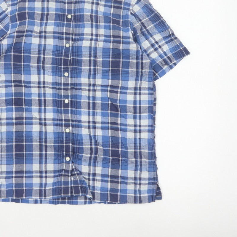 Lands' End Women Blue Plaid Short Sleeve Button-Up Shirt M Regular