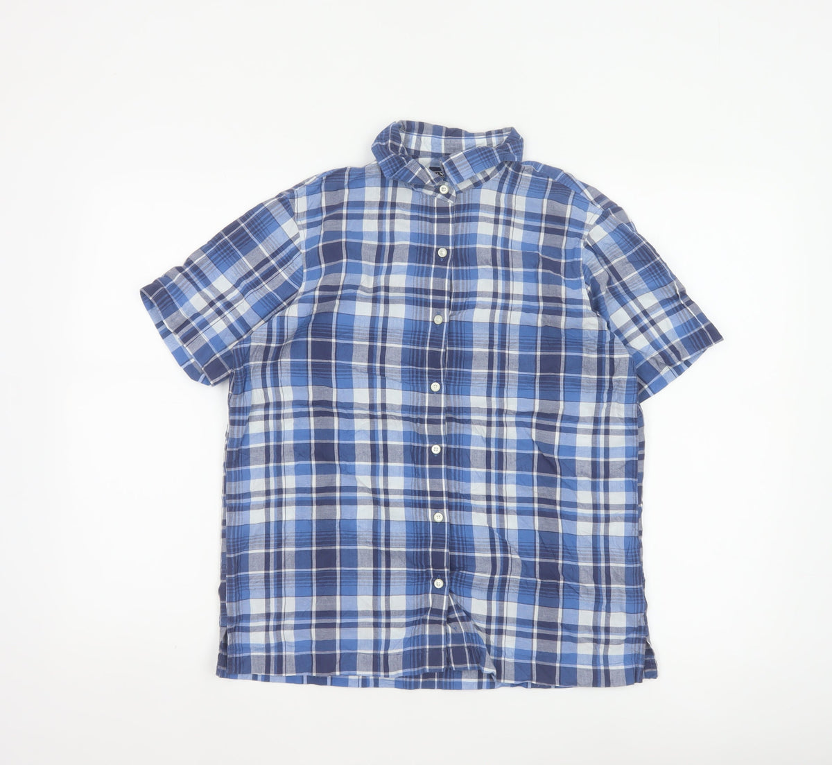 Lands' End Women Blue Plaid Short Sleeve Button-Up Shirt M Regular