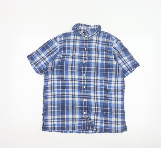 Lands' End Women Blue Plaid Short Sleeve Button-Up Shirt M Regular