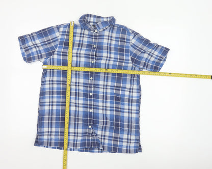 Lands' End Women Blue Plaid Short Sleeve Button-Up Shirt M Regular