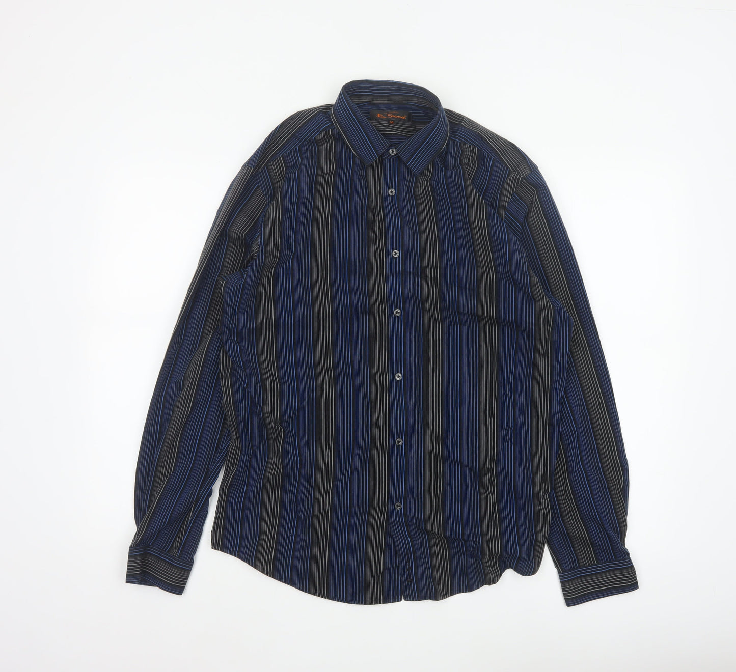 Ben Sherman Men Blue Black Striped Button-Up Shirt M Long Sleeve