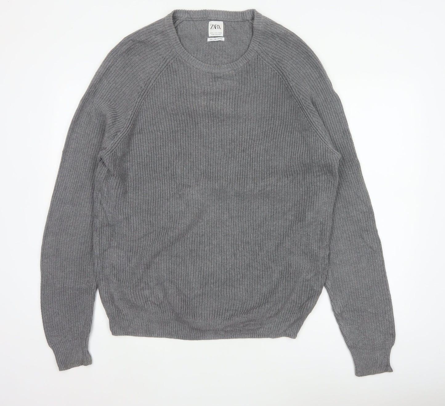 Zara Men Grey XL Fine Cotton Ribbed Crew Neck Pullover Jumper