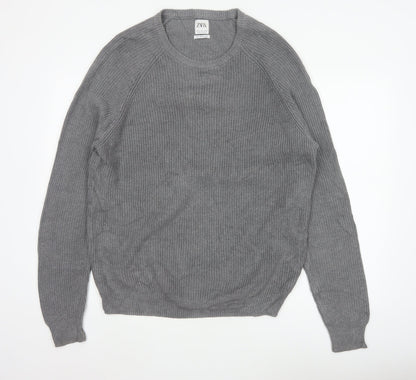 Zara Men Grey XL Fine Cotton Ribbed Crew Neck Pullover Jumper