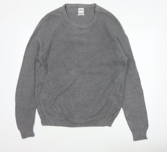 Zara Men Grey XL Fine Cotton Ribbed Crew Neck Pullover Jumper