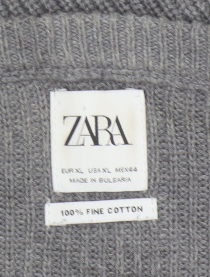 Zara Men Grey XL Fine Cotton Ribbed Crew Neck Pullover Jumper