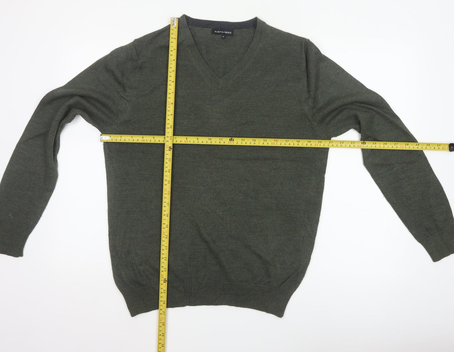 Austin Reed Men’s Green V-Neck Wool Blend Pullover Jumper Size L