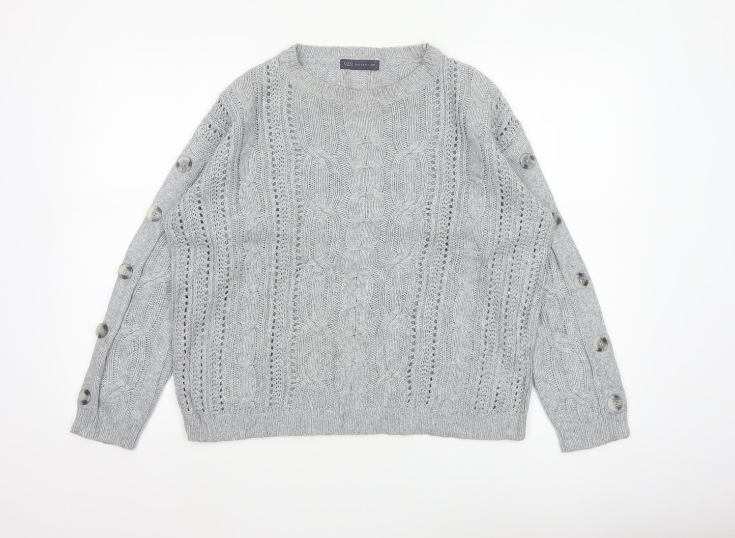 Marks & Spencer Women Grey UK 12 Cable Knit Button Sleeve Jumper